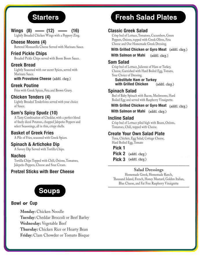 Menu page for starters, salads and soups