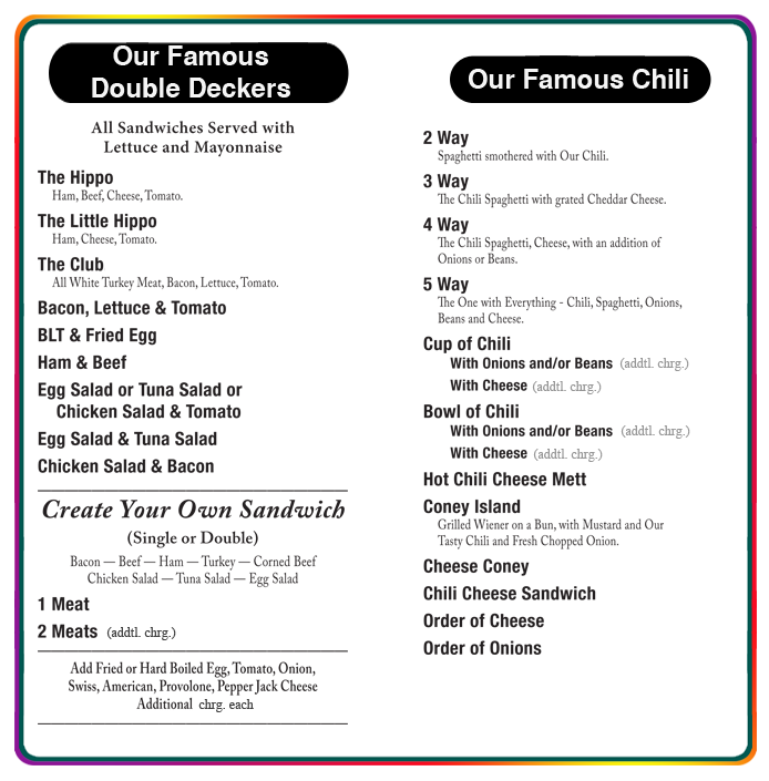 Menu page for double deckers and chili