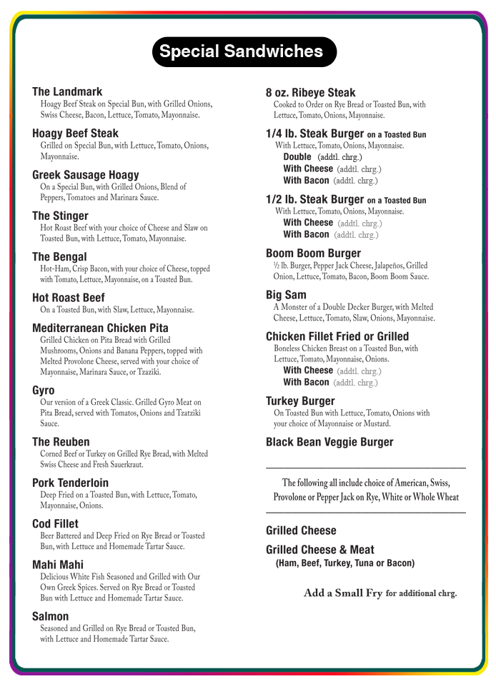 Menu page for special sandwiches