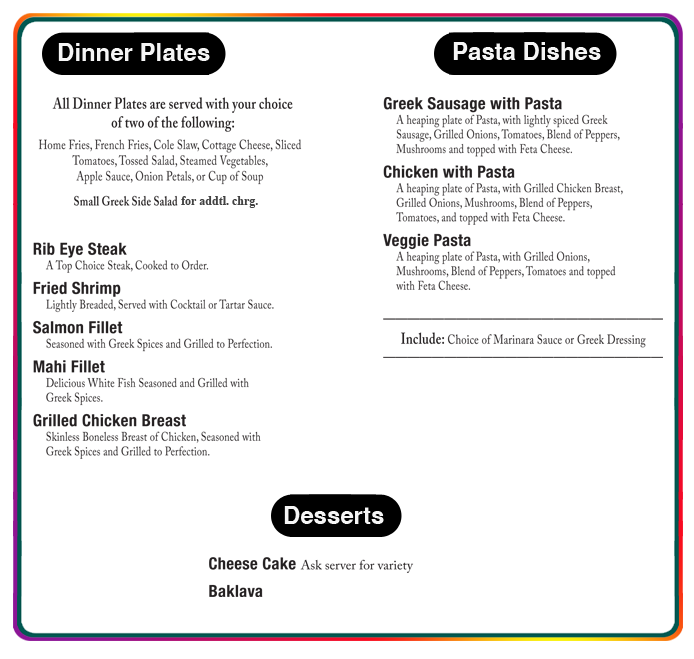 Menu page for dinners, pasta dishes and desserts