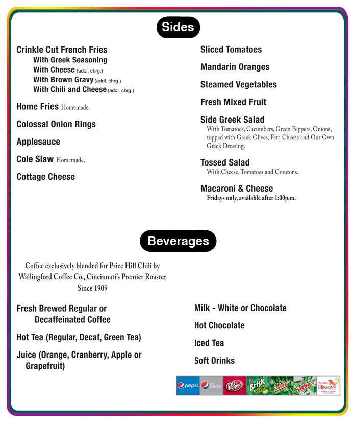Price Hill Chili Menu